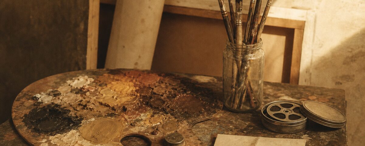 Fiktives Porträt eines hochbetagten mitteleuropäischen Schauspielers im Atelier
