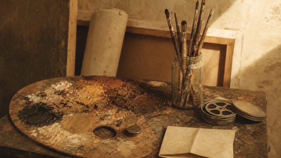Fiktives Porträt eines hochbetagten mitteleuropäischen Schauspielers im Atelier