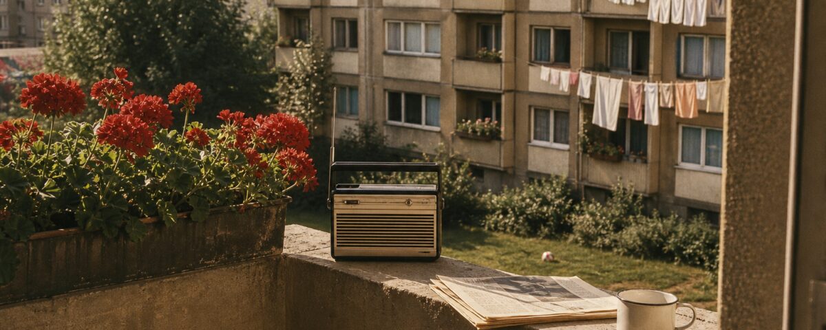 Plattenbau-Balkon im Sommer mit roten Geranien und Transistorradio — DDR-Alltag der 1960er Jahre