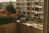 Plattenbau-Balkon im Sommer mit roten Geranien und Transistorradio — DDR-Alltag der 1960er Jahre