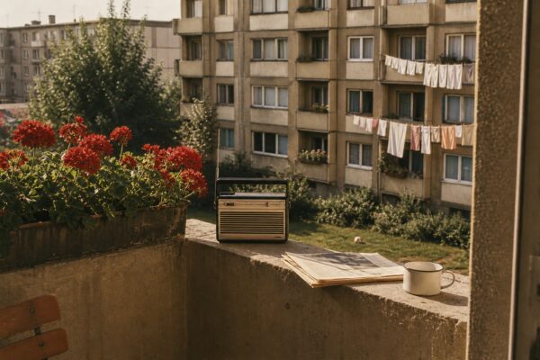 Plattenbau-Balkon im Sommer mit roten Geranien und Transistorradio — DDR-Alltag der 1960er Jahre
