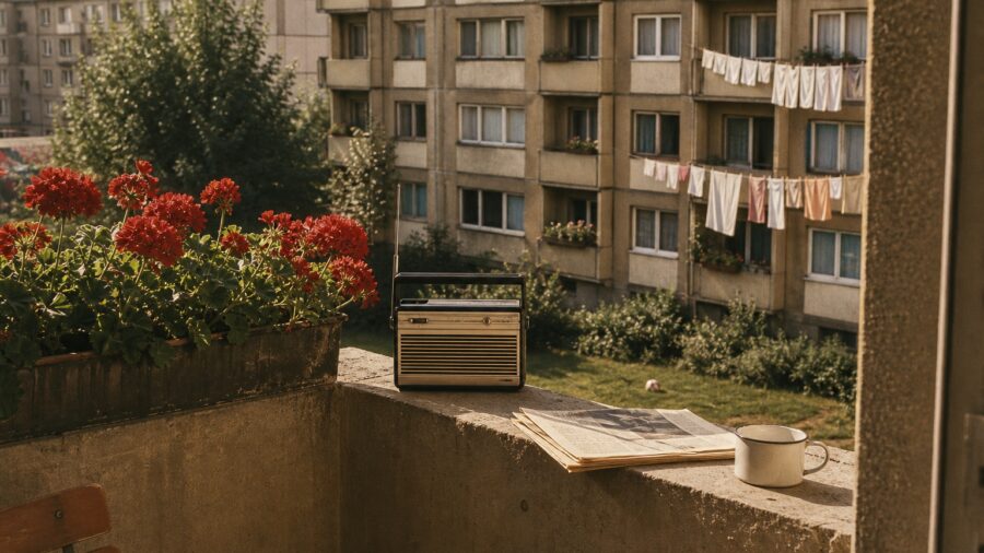 Plattenbau-Balkon im Sommer mit roten Geranien und Transistorradio — DDR-Alltag der 1960er Jahre