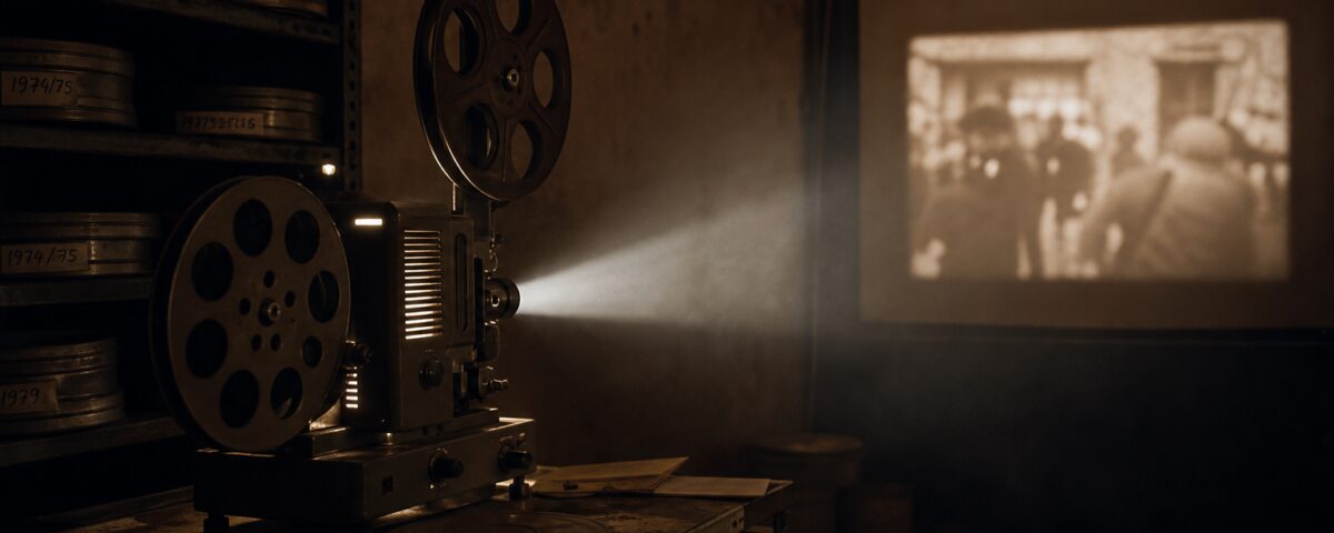 16mm-Filmprojektor im dunklen Archivraum — Lichtstrahl durch Staub, DDR-Dokumentarfilmarchiv