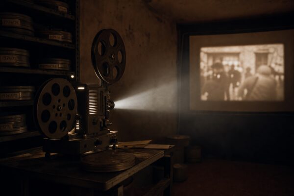 16mm-Filmprojektor im dunklen Archivraum — Lichtstrahl durch Staub, DDR-Dokumentarfilmarchiv