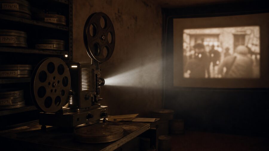 16mm-Filmprojektor im dunklen Archivraum — Lichtstrahl durch Staub, DDR-Dokumentarfilmarchiv