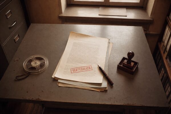DDR-Behördenschreibtisch mit VERTRAULICH-gestempelten Dokumenten — Stasi-Ästhetik
