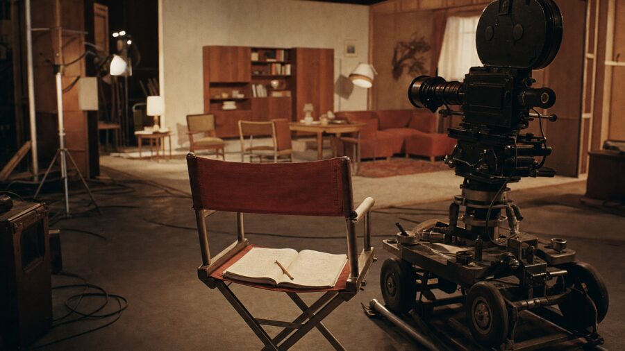 Leerer Regiestuhl und Kamera auf einem DEFA-Filmset der 1960er Jahre — Zeichen eines unterbrochenen Drehs