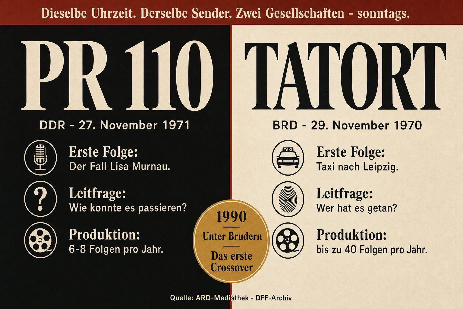 Polizeiruf 110 vs. Tatort — Zwei Krimis, eine deutsch-deutsche Geschichte, Infografik icestorm.de