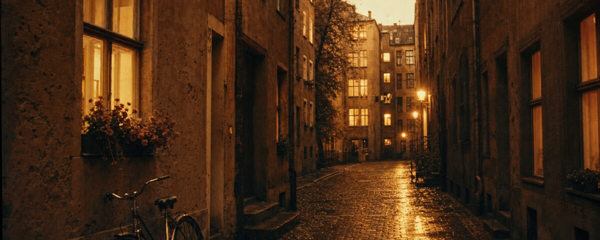Nasses Kopfsteinpflaster in Prenzlauer Berg bei Dämmerung — Fahrrad an der Hauswand, DDR-Alltag der 1970er