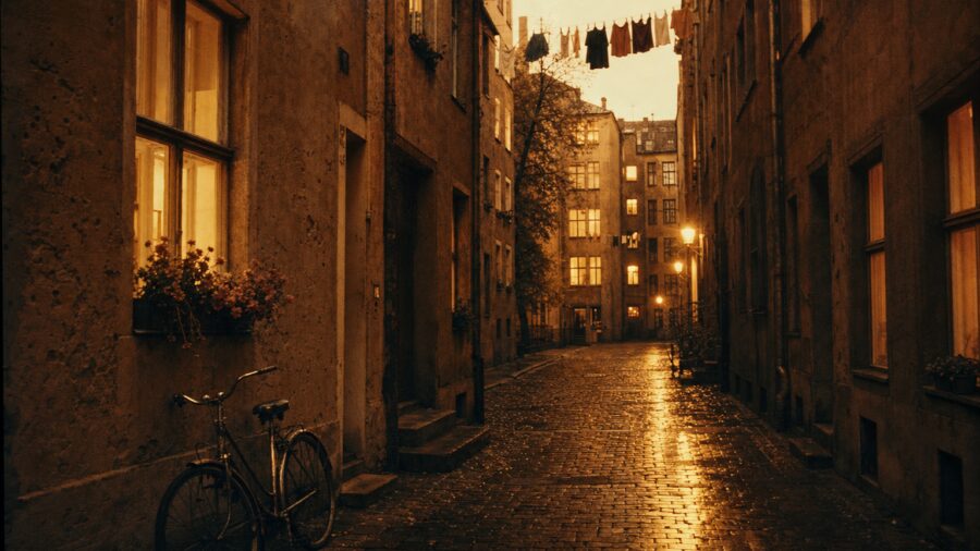 Nasses Kopfsteinpflaster in Prenzlauer Berg bei Dämmerung — Fahrrad an der Hauswand, DDR-Alltag der 1970er